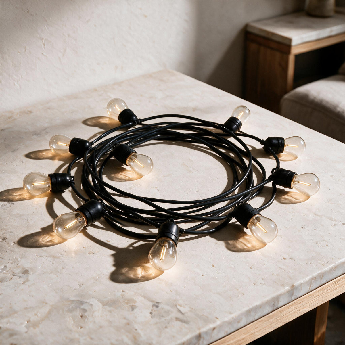 Edison String Lights — 10 m — full product in a warm ivory setting