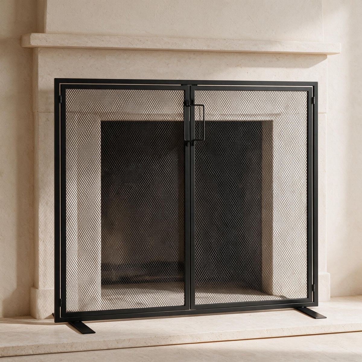 VEVOR Fireplace Screen with Doors - Black — styled in a warm neutral indoor setting.