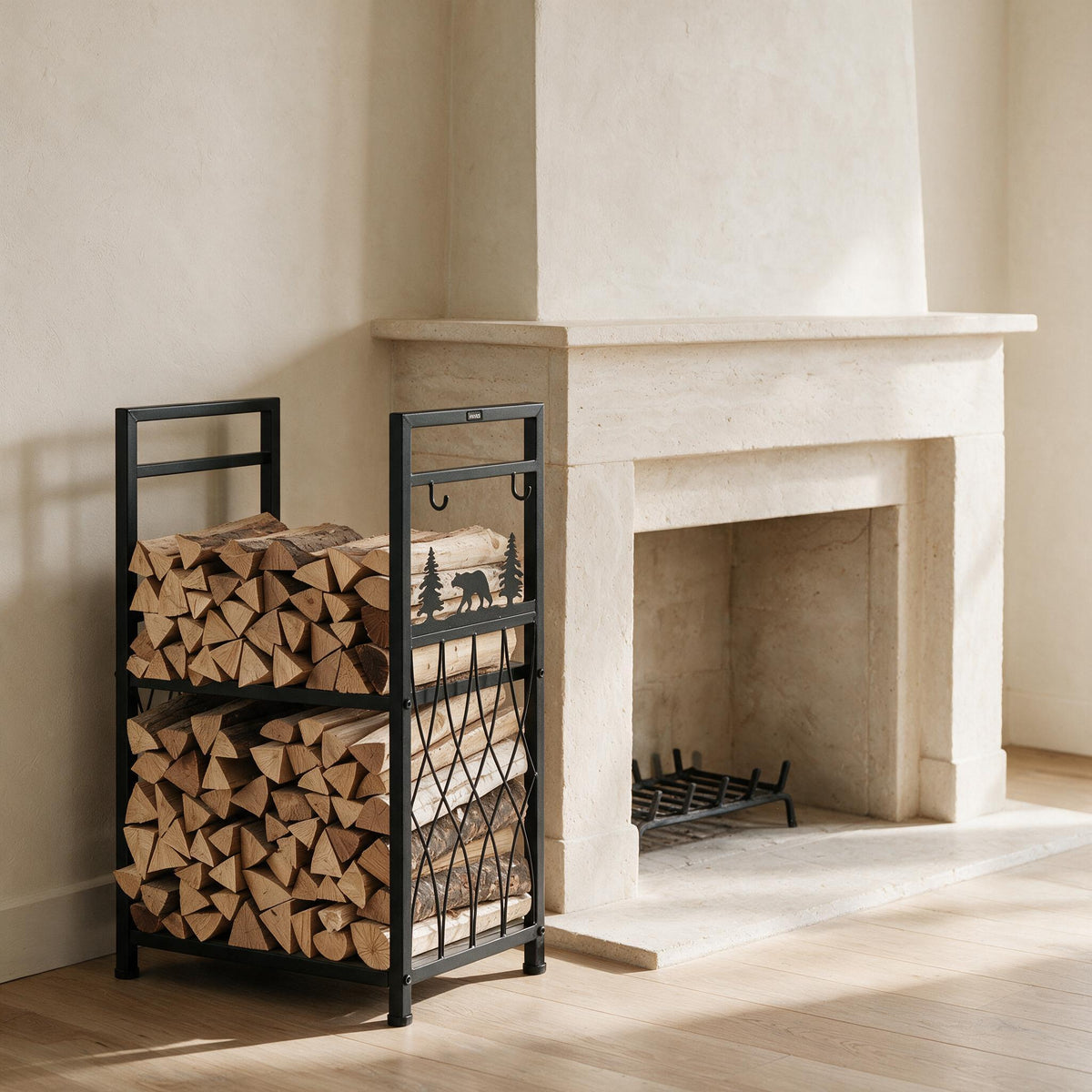 VEVOR Indoor Firewood Rack with 4 Tools — styled in a warm neutral indoor setting.