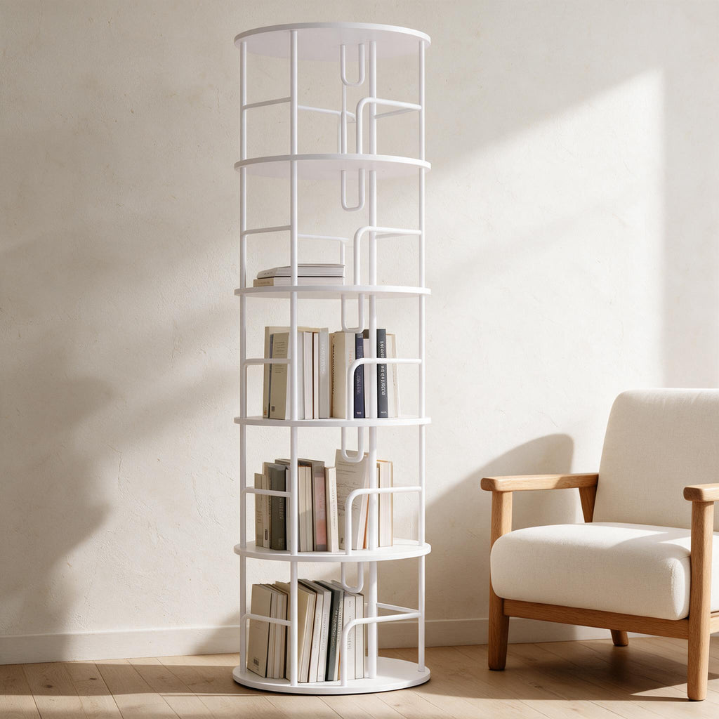 Five-Tier Rotating Bookcase — in a warm neutral home setting; styling accessories not included