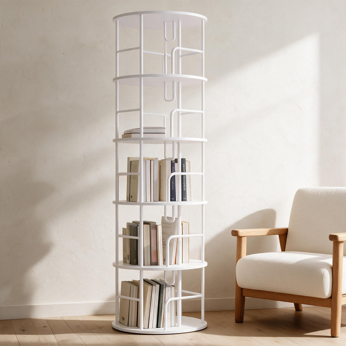 Five-Tier Rotating Bookcase — in a warm neutral home setting; styling accessories not included