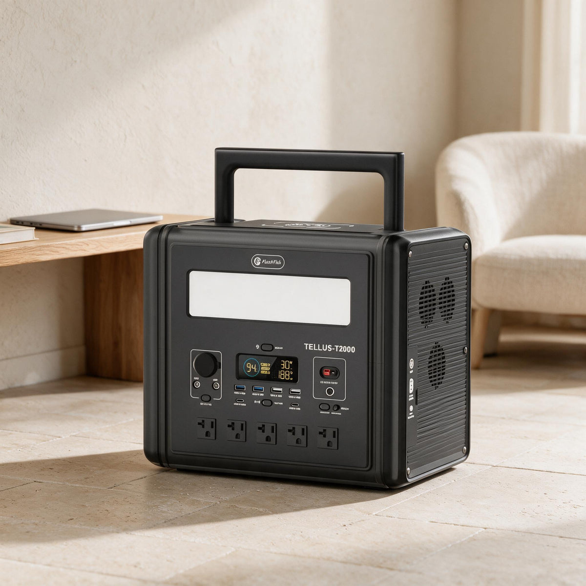 FlashFish T2000 portable power station — in a warm neutral indoor living space.