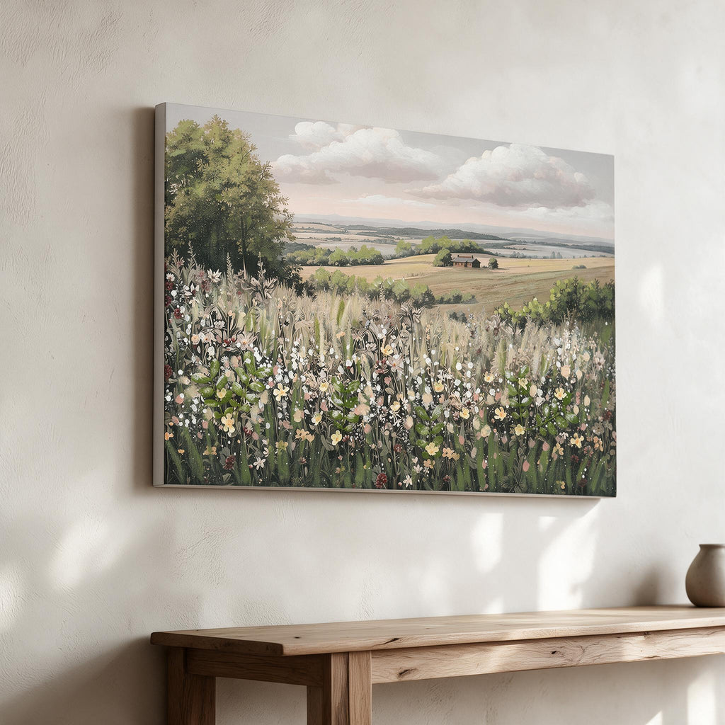 Framed Meadow Artwork — in a warm neutral home setting; styling accessories not included