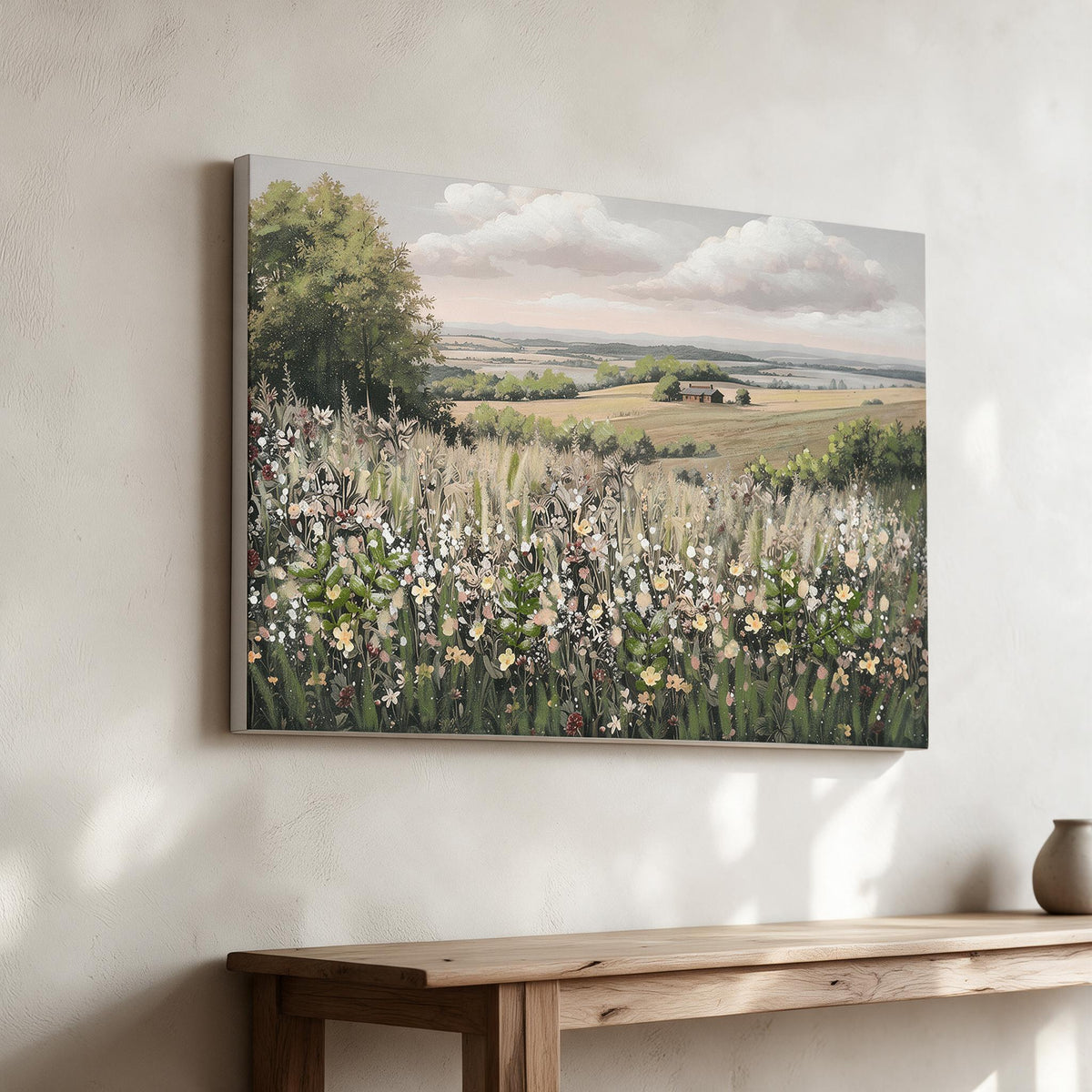 Framed Meadow Artwork — in a warm neutral home setting; styling accessories not included