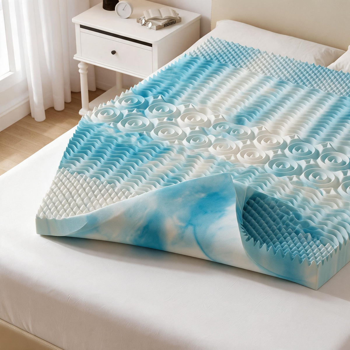 Gel Memory Foam Mattress Topper — Queen, 3-Inch — in a warm neutral home setting; styling accessories not included