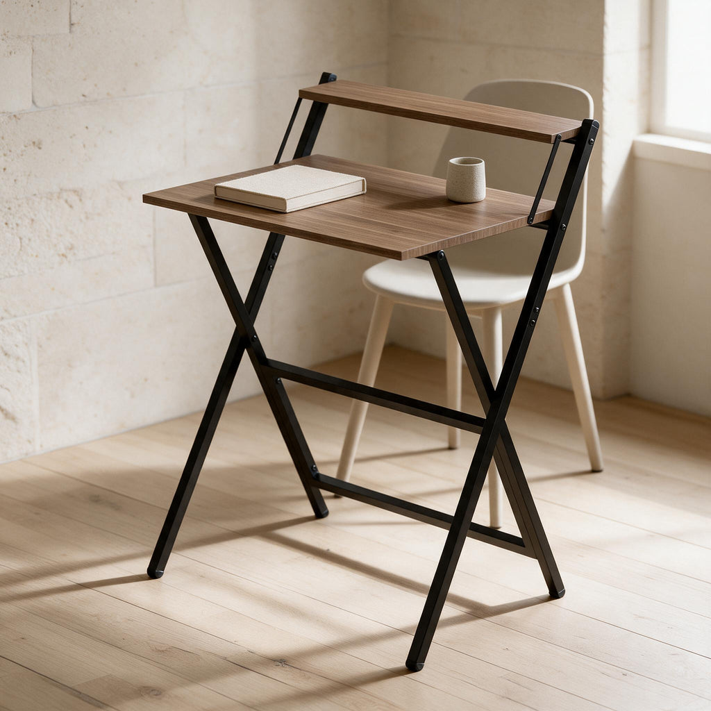 HOMCOM Folding Desk with Shelf — Walnut-Look — in a warm neutral home setting; styling accessories not included