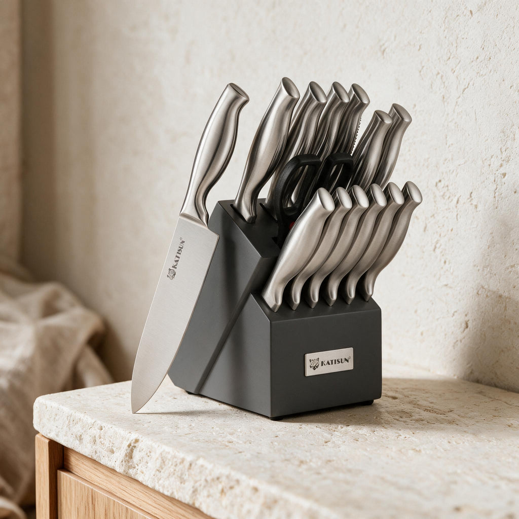 KATISUN 15-Piece Stainless Knife and Block Set — premium product view