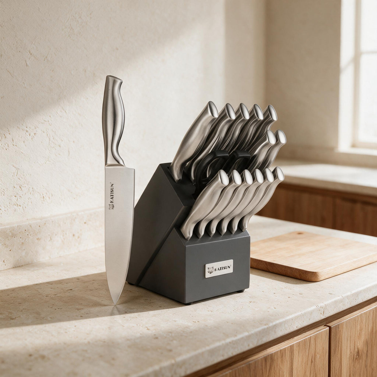 KATISUN 15-Piece Stainless Knife and Block Set — styled in a warm neutral interior