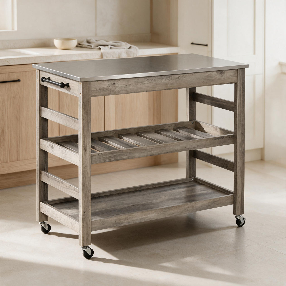 HOMCOM Rolling Kitchen Cart - Gray — styled in a warm neutral indoor setting.