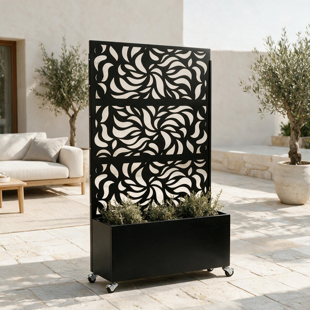Leaf Privacy Screen with Planter — styled in a calm outdoor setting