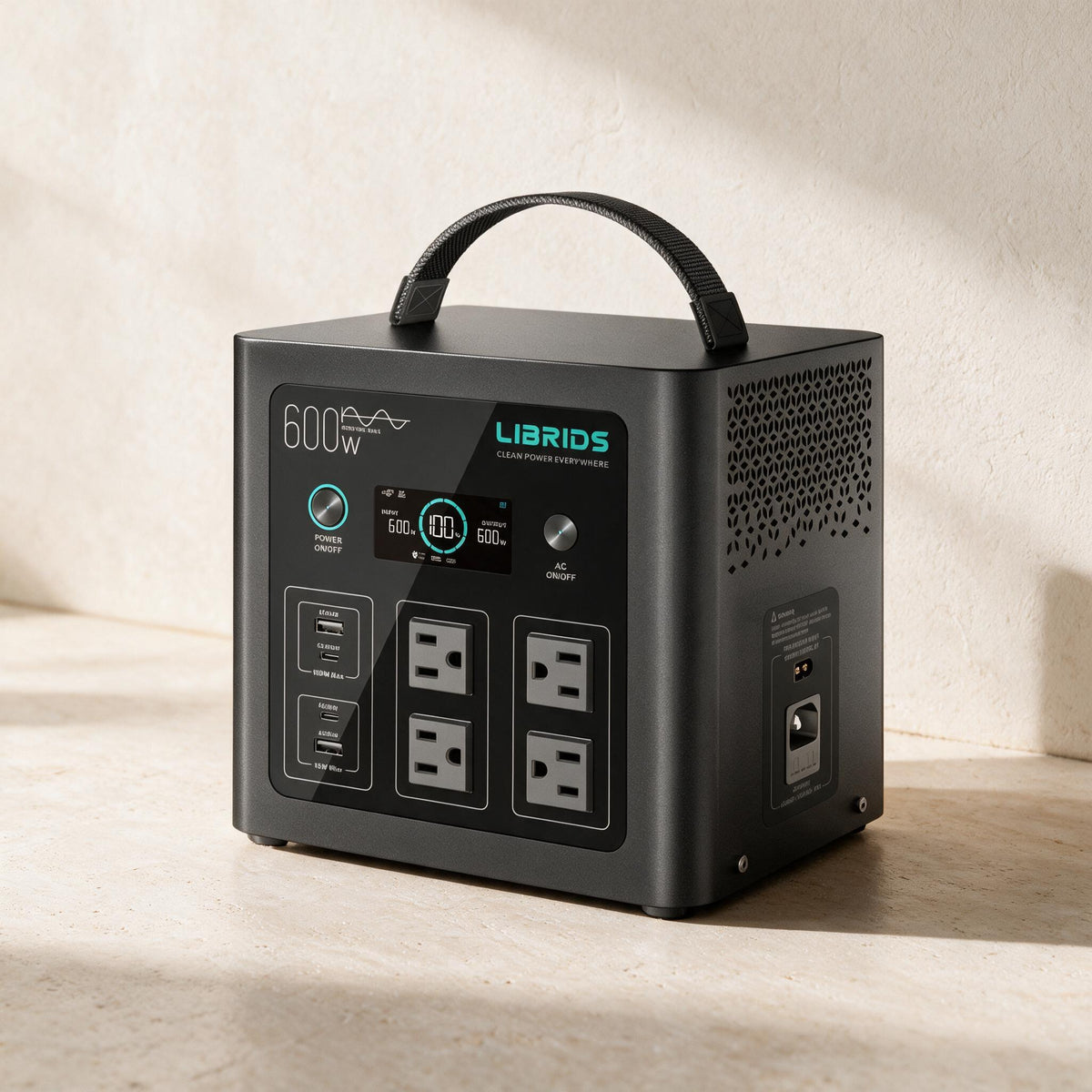 LIBRIDS C600 portable power station — three-quarter product view against warm ivory limestone.
