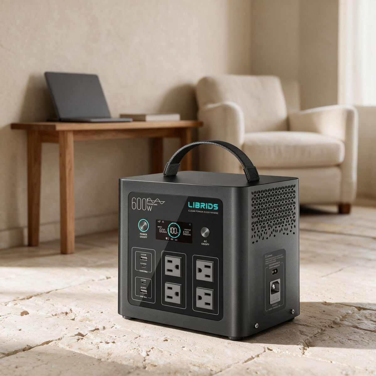 LIBRIDS C600 portable power station — in a warm neutral indoor living space.