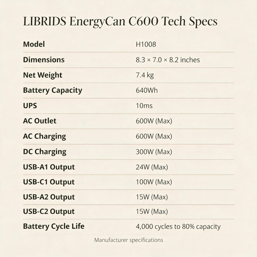 LIBRIDS C600 — full technical specifications table, Savellor premium information image.
