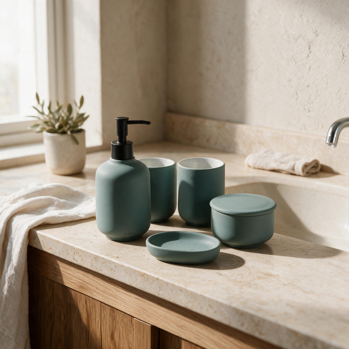 Matte Ceramic Bathroom Set - 5 Pieces — styled in a warm neutral home