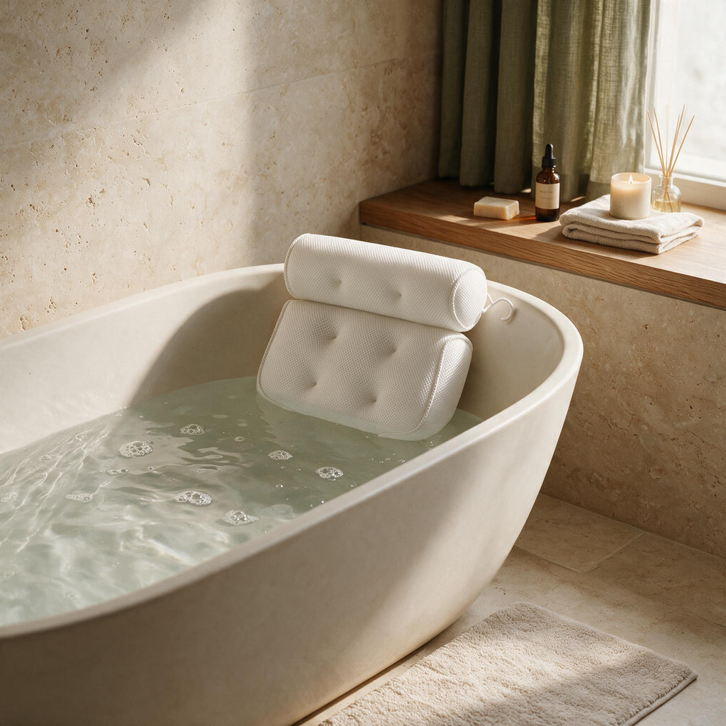 Mesh Bath Pillow — styled in a warm neutral home
