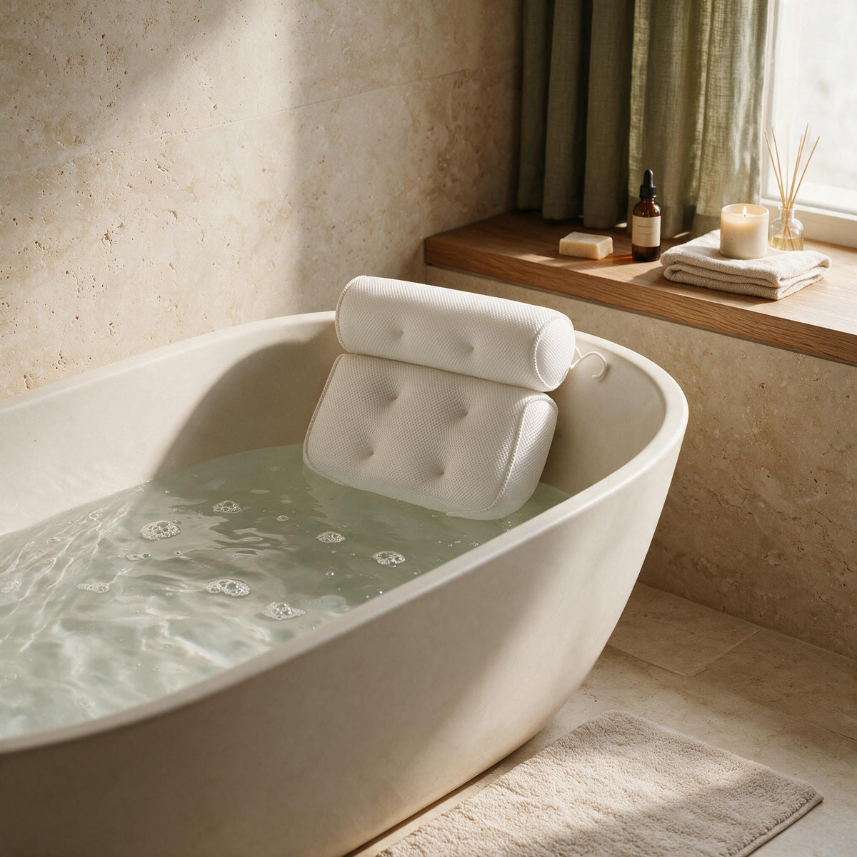 Mesh Bath Pillow — styled in a warm neutral home