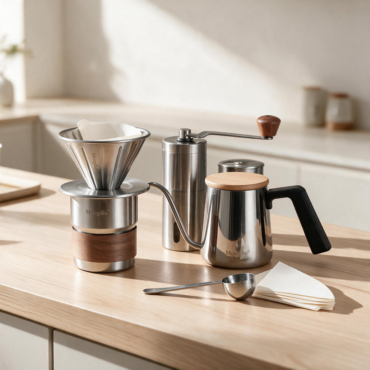 Mongdio Pour-Over Coffee Gift Set — 7 Pieces — in a calm home setting