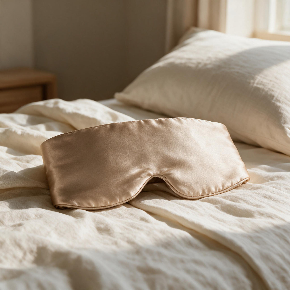 Champagne Mulberry Silk Sleep Mask resting on ivory bed linen.