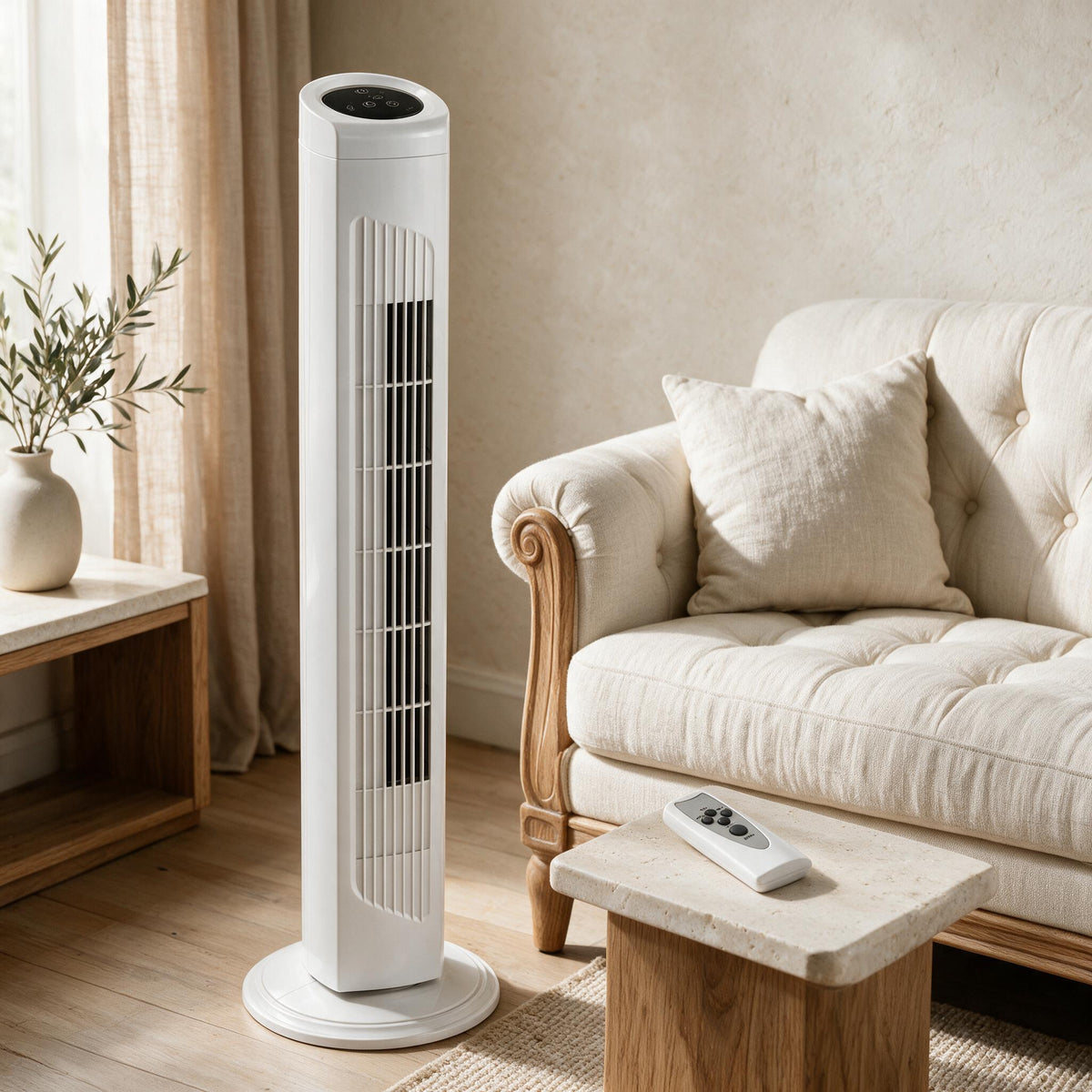 Oscillating Tower Fan — styled in a warm neutral interior