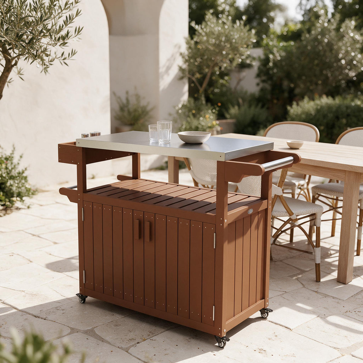 Outdoor Entertaining Cart — Brown — styled in a calm outdoor setting