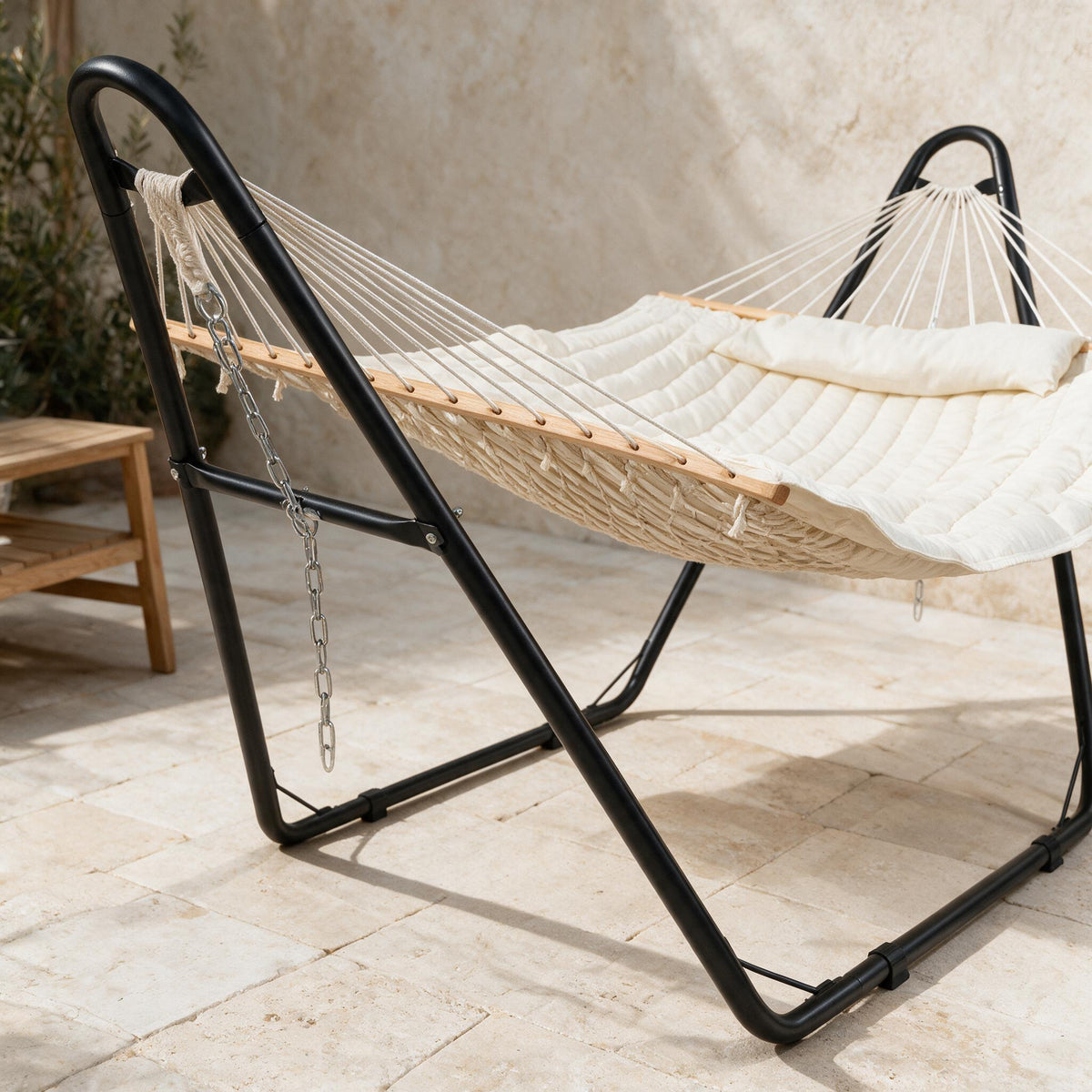 Padded Garden Hammock with Stand — Beige — close-up of the original materials and construction