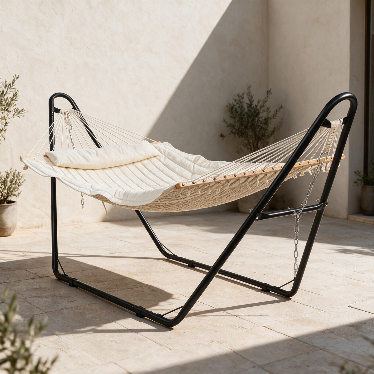 Padded Garden Hammock with Stand — Beige — styled in a calm outdoor setting