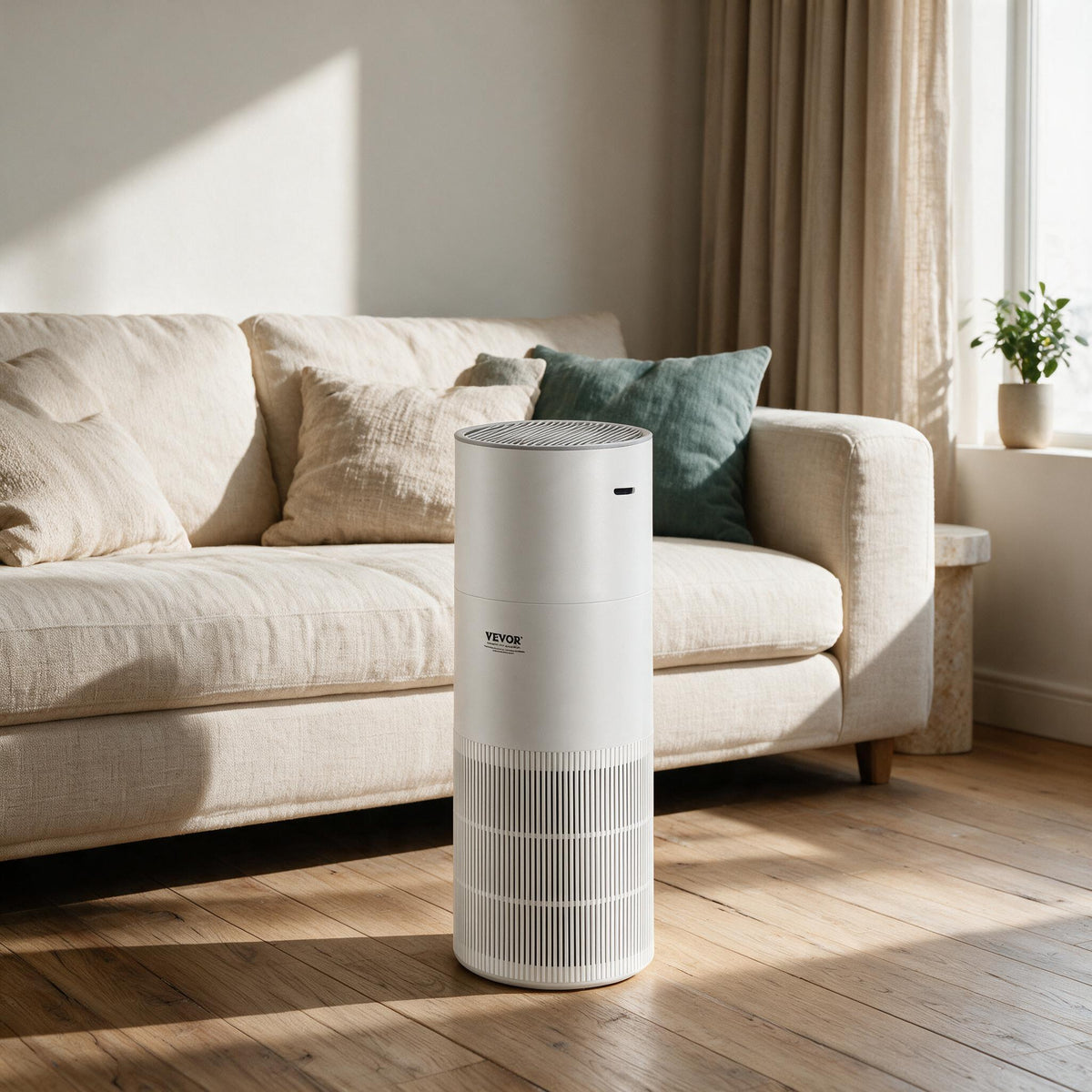 White Air Purifier & Humidifier, in a calm home setting.