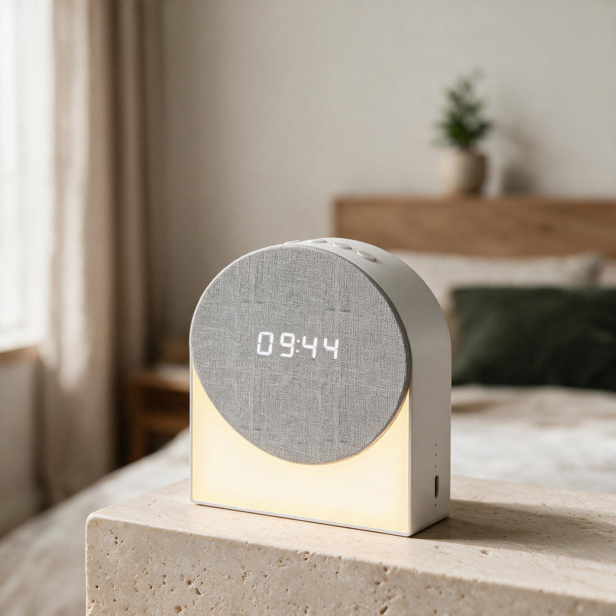 White Bedside White Noise Clock, close-up of original material and design details.