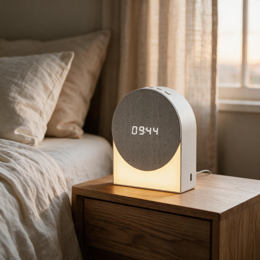 White Bedside White Noise Clock, in a calm home setting.