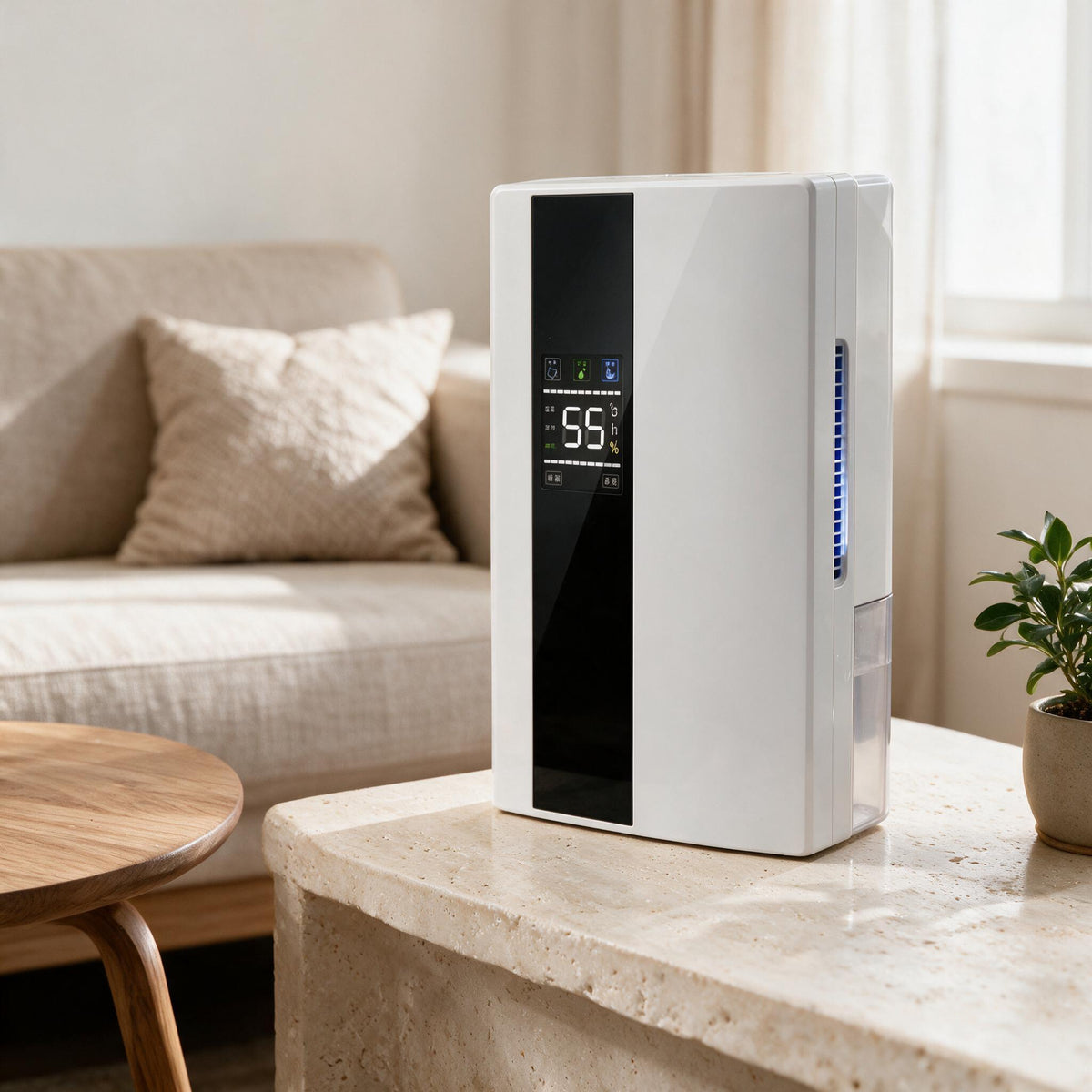 White Compact 2.2L Dehumidifier, close-up of original material and design details.