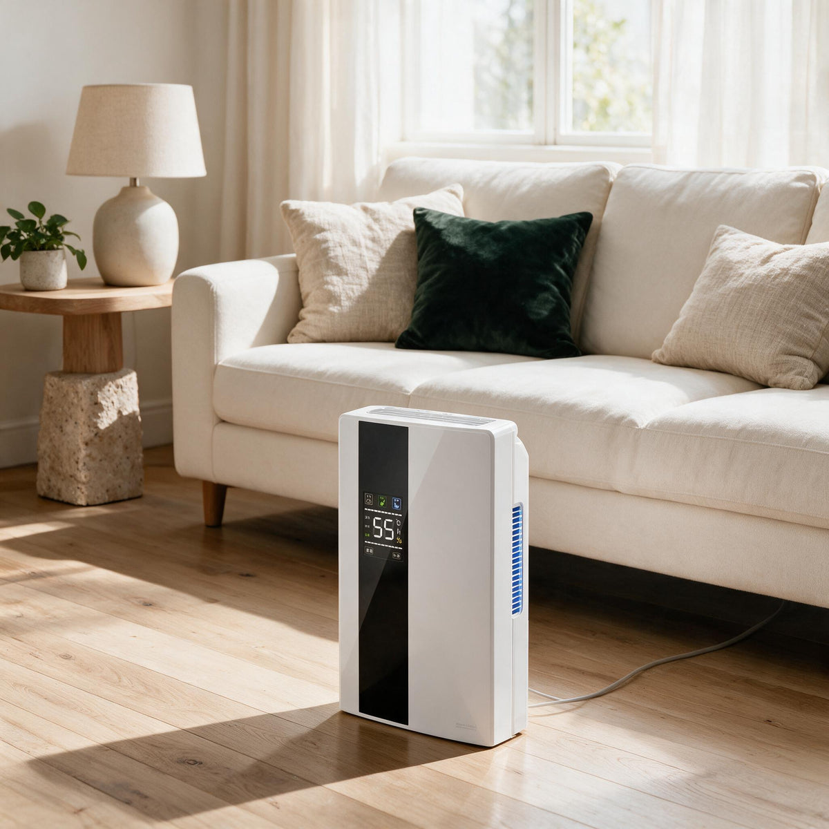 White Compact 2.2L Dehumidifier, in a calm home setting.