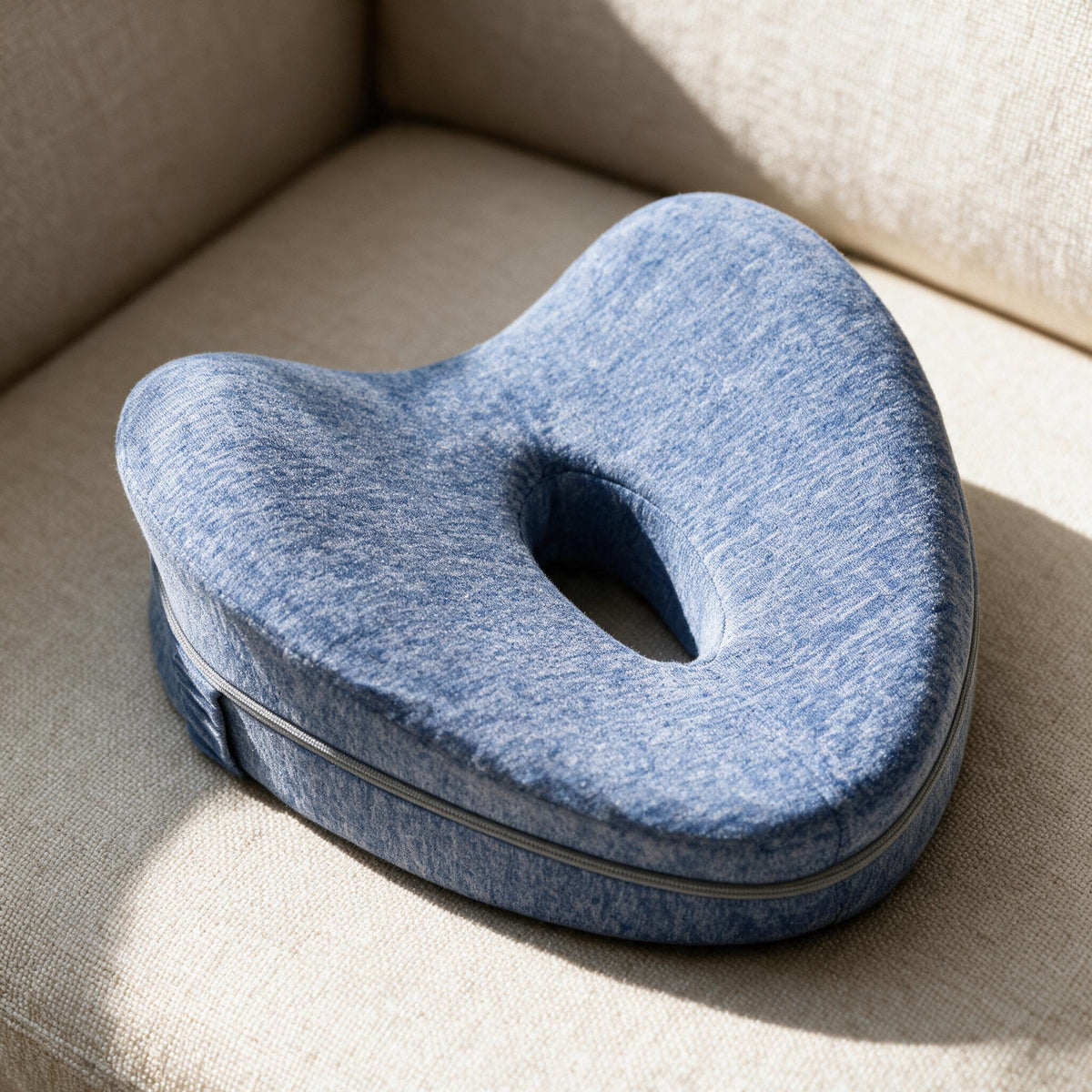 Blue, Gray and White Contour Comfort Cushion Set, close-up of original material and design details.
