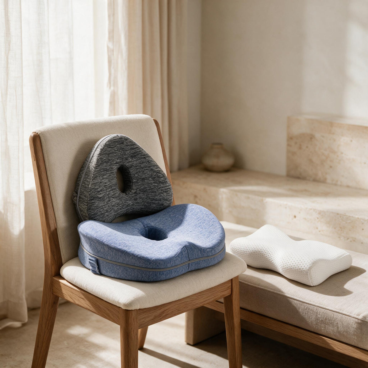 Blue, Gray and White Contour Comfort Cushion Set, in a calm home setting.