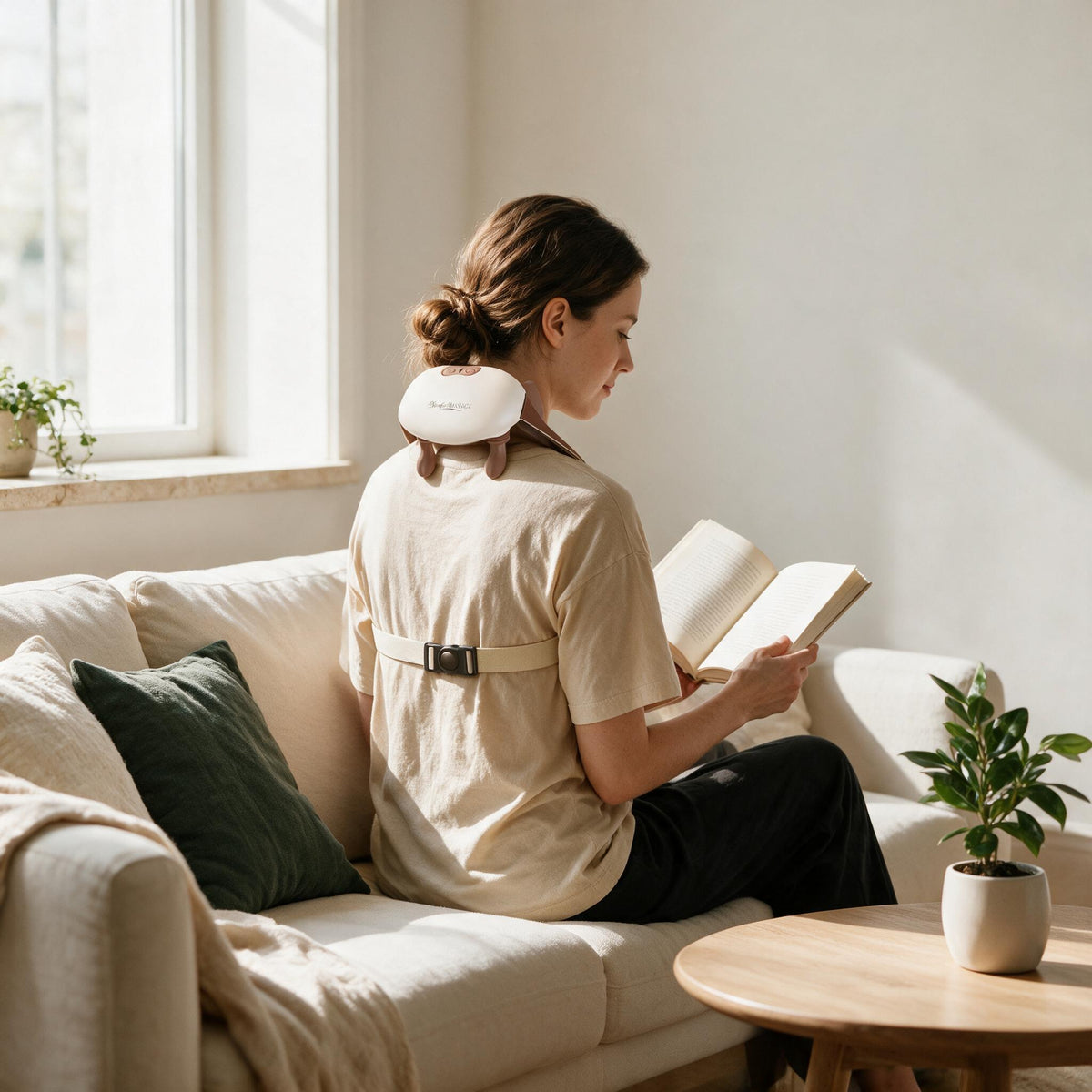 Beige Cordless Heated Neck Massager, in a calm home setting.