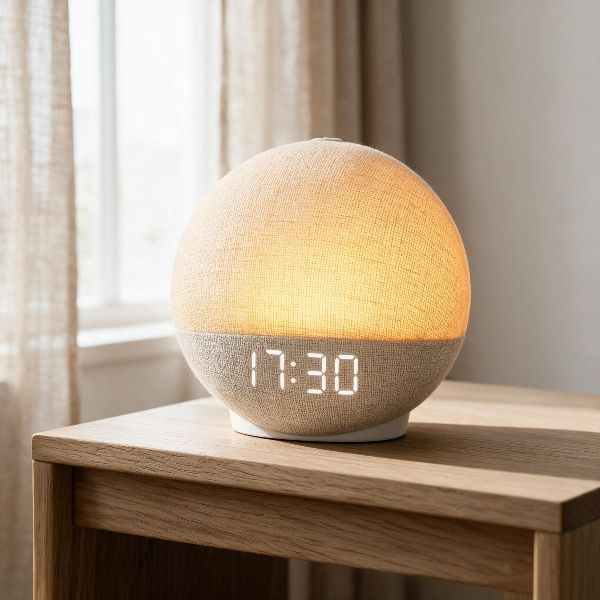 Neutral fabric Globe Sunrise Sound Clock, close-up of original material and design details.