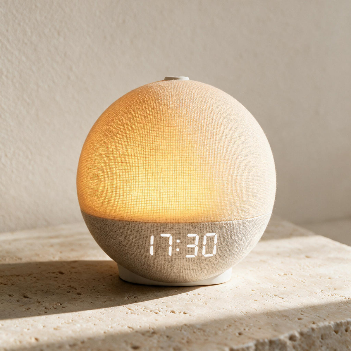 Neutral fabric Globe Sunrise Sound Clock, premium product view.