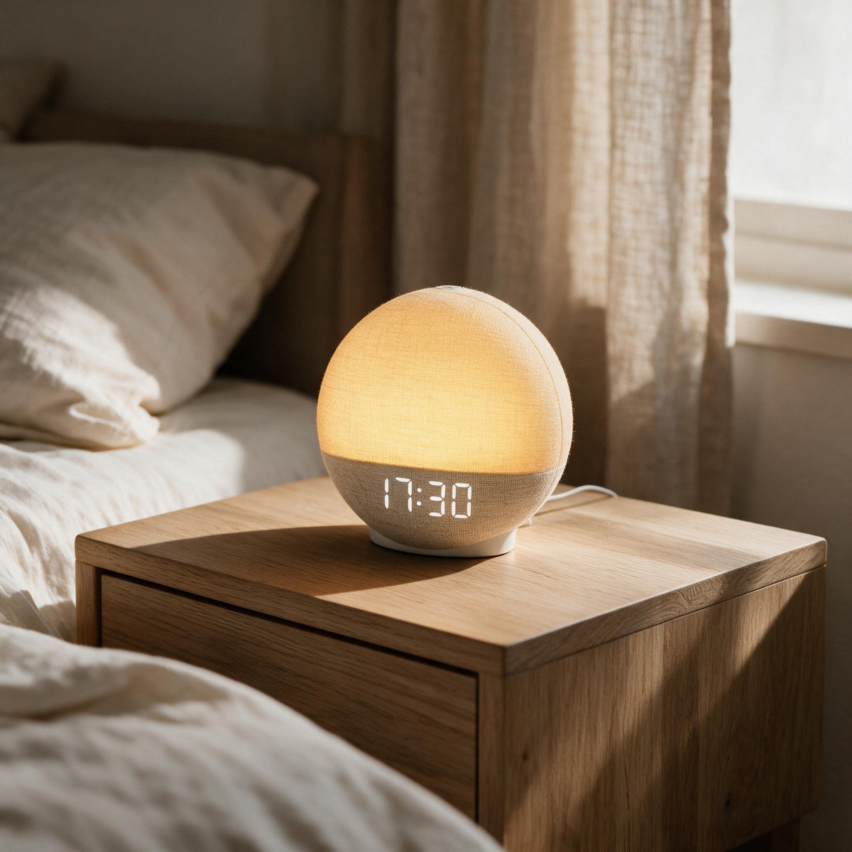 Neutral fabric Globe Sunrise Sound Clock, in a calm home setting.