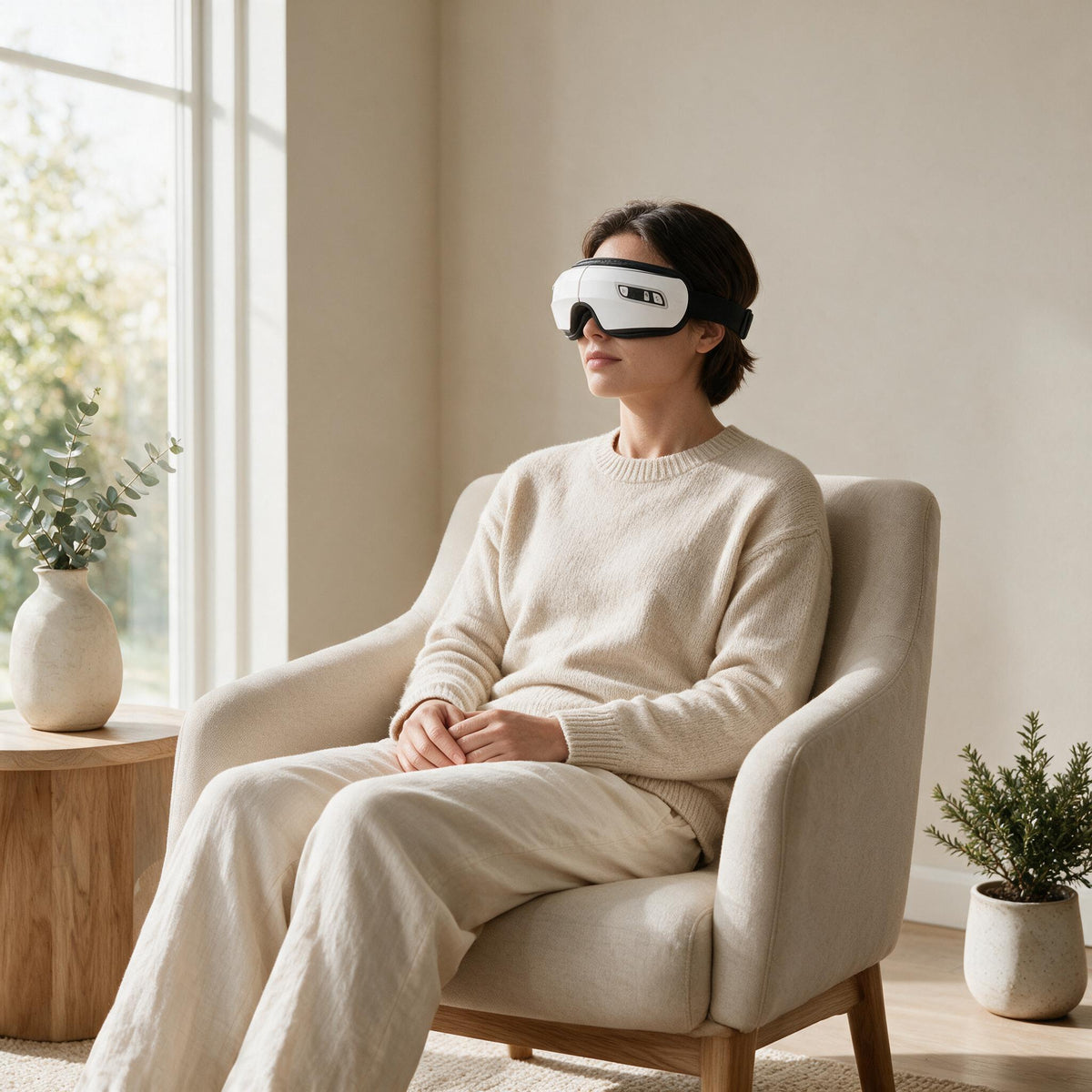 White Heated Eye Massager, in a calm home setting.