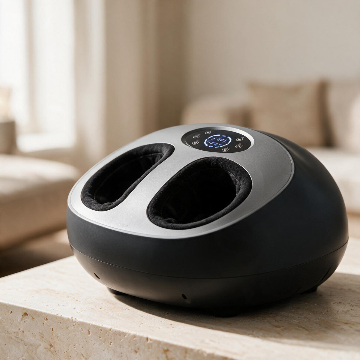 Gray Heated Kneading Foot Massager, close-up of original material and design details.