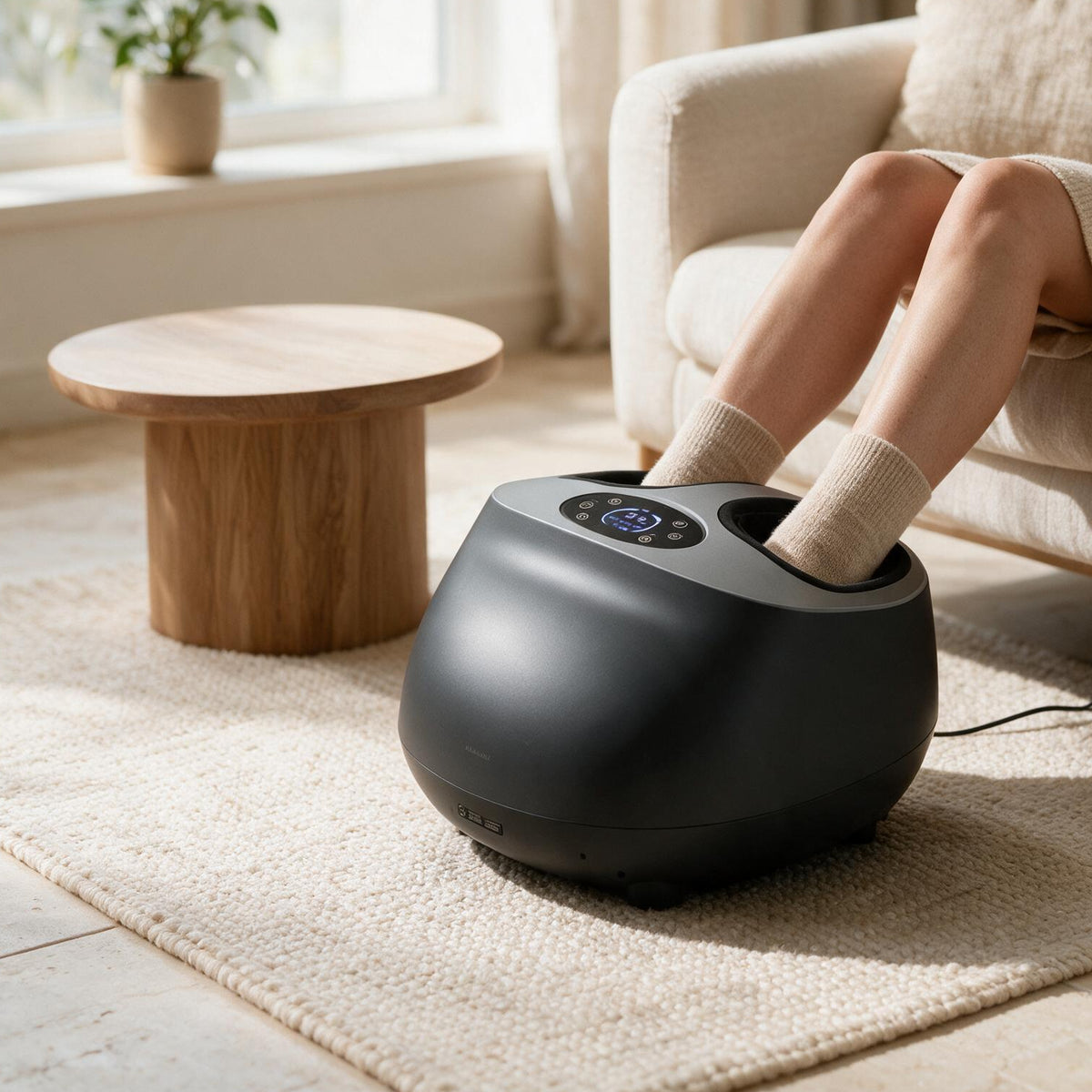 Gray Heated Kneading Foot Massager, in a calm home setting.