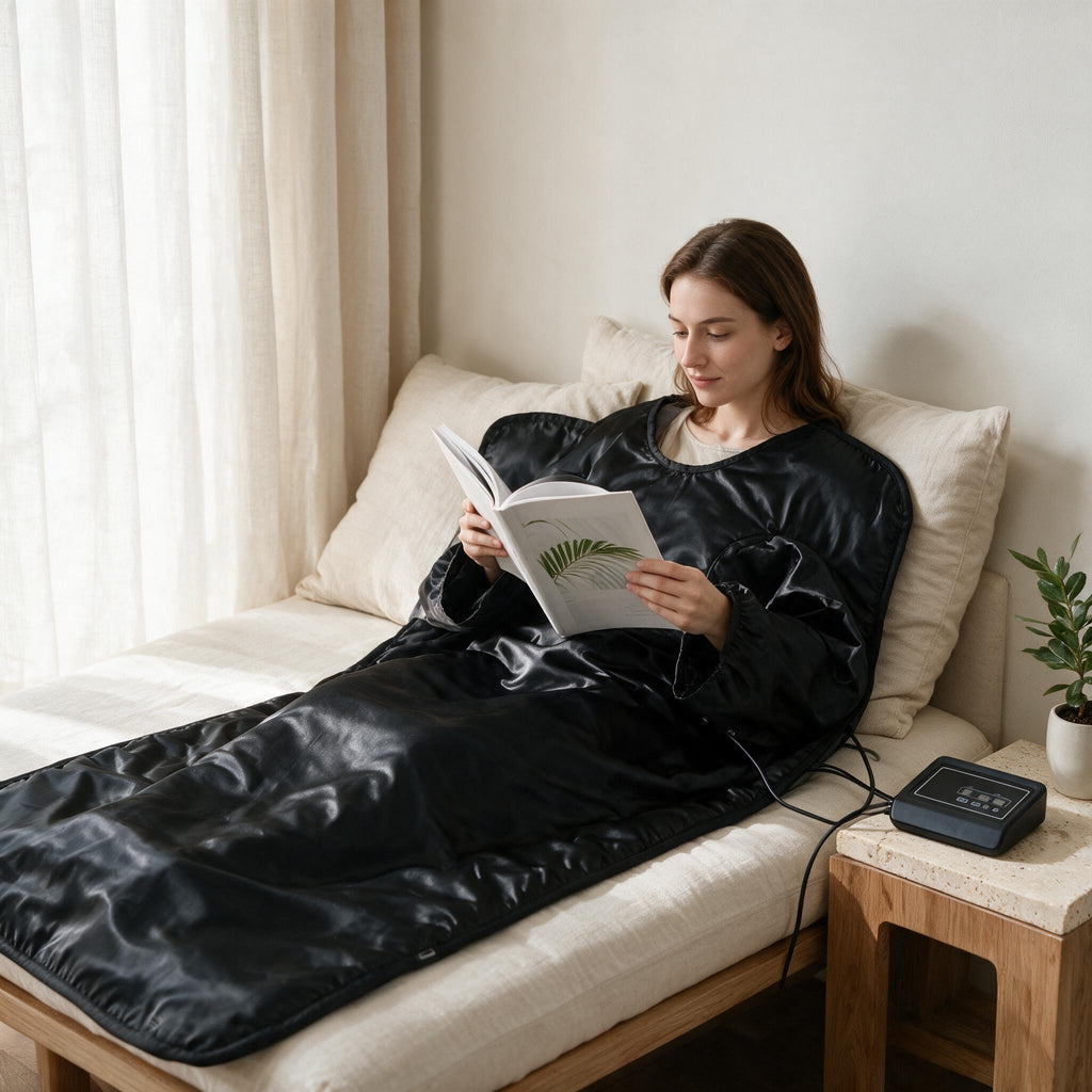 Black Infrared Sauna Blanket, in a calm home setting.