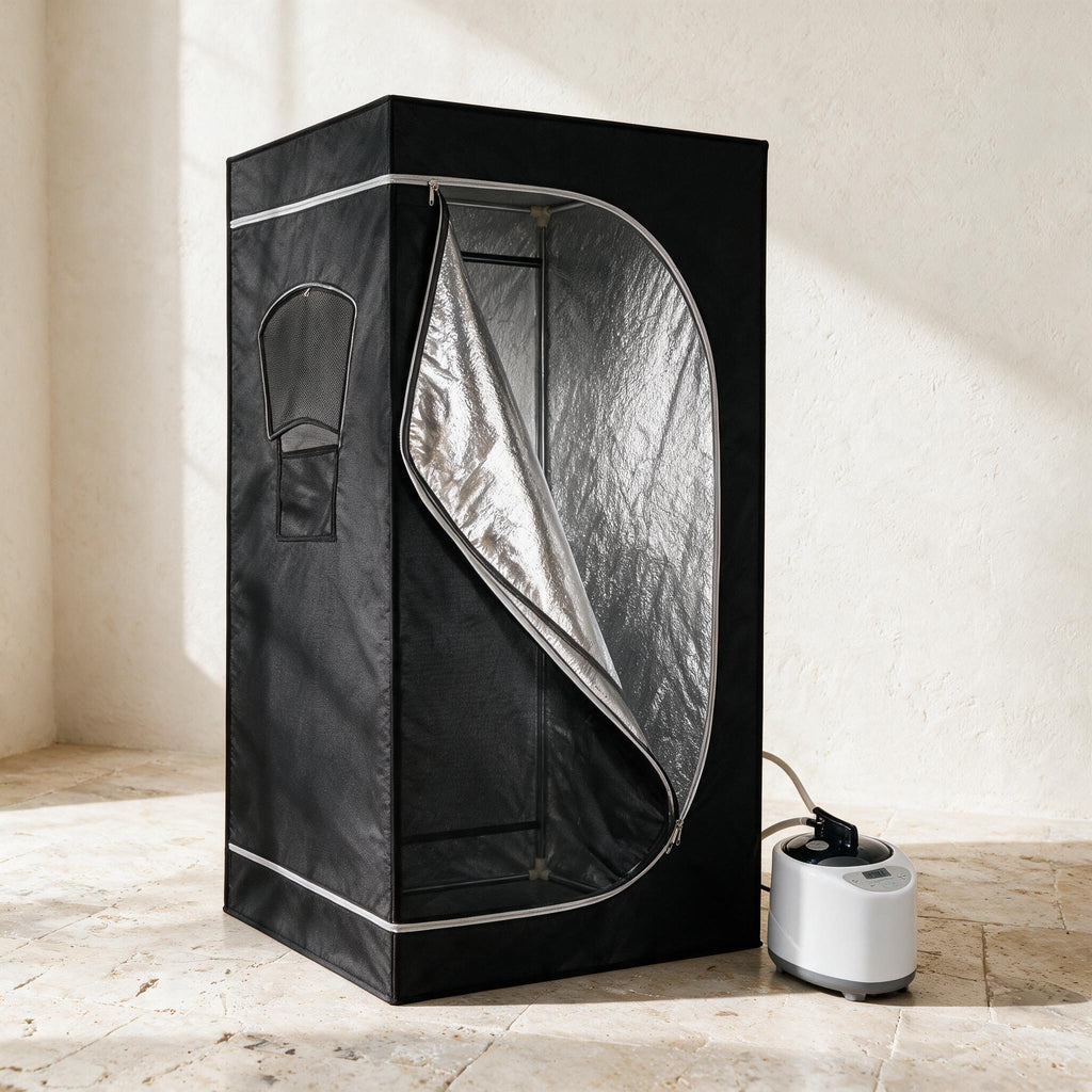 Black Portable Steam Sauna, in a calm home setting.