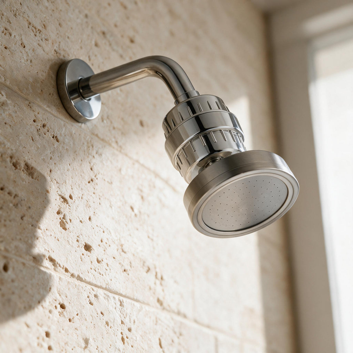 Brushed Steel Stainless Steel Rainfall Showerhead, close-up of original material and design details.