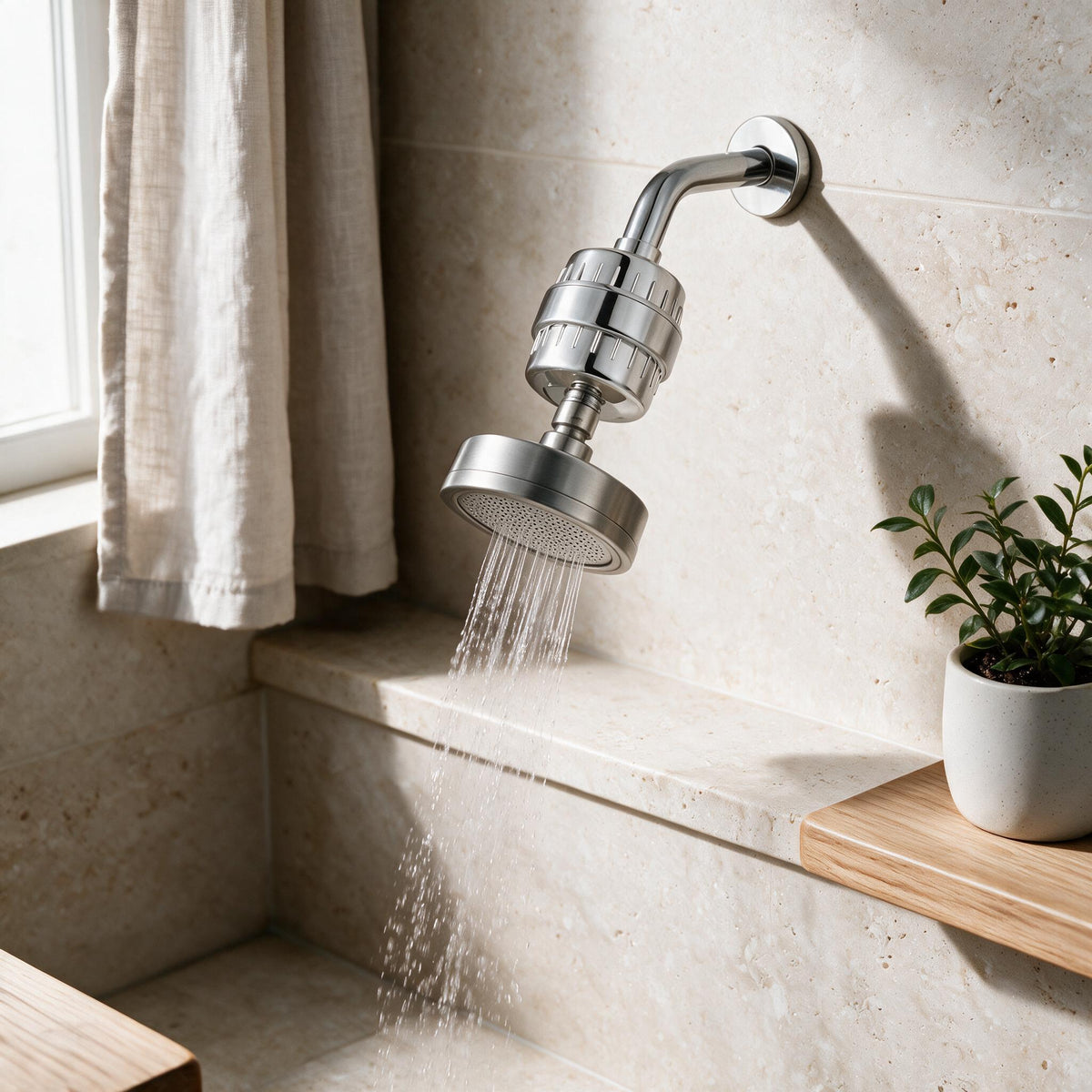 Brushed Steel Stainless Steel Rainfall Showerhead, in a calm home setting.