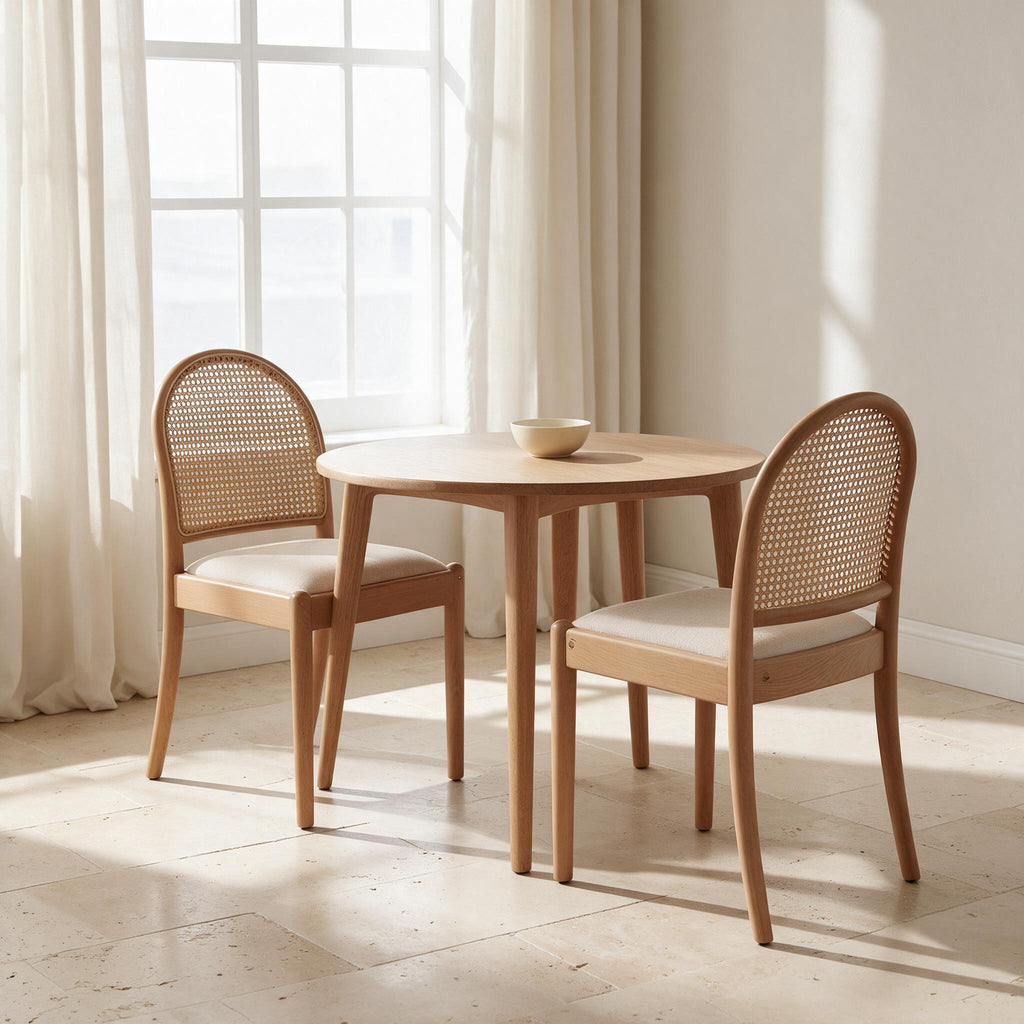 Rattan Dining Chairs — Beige, Set of 2 — in a calm home setting