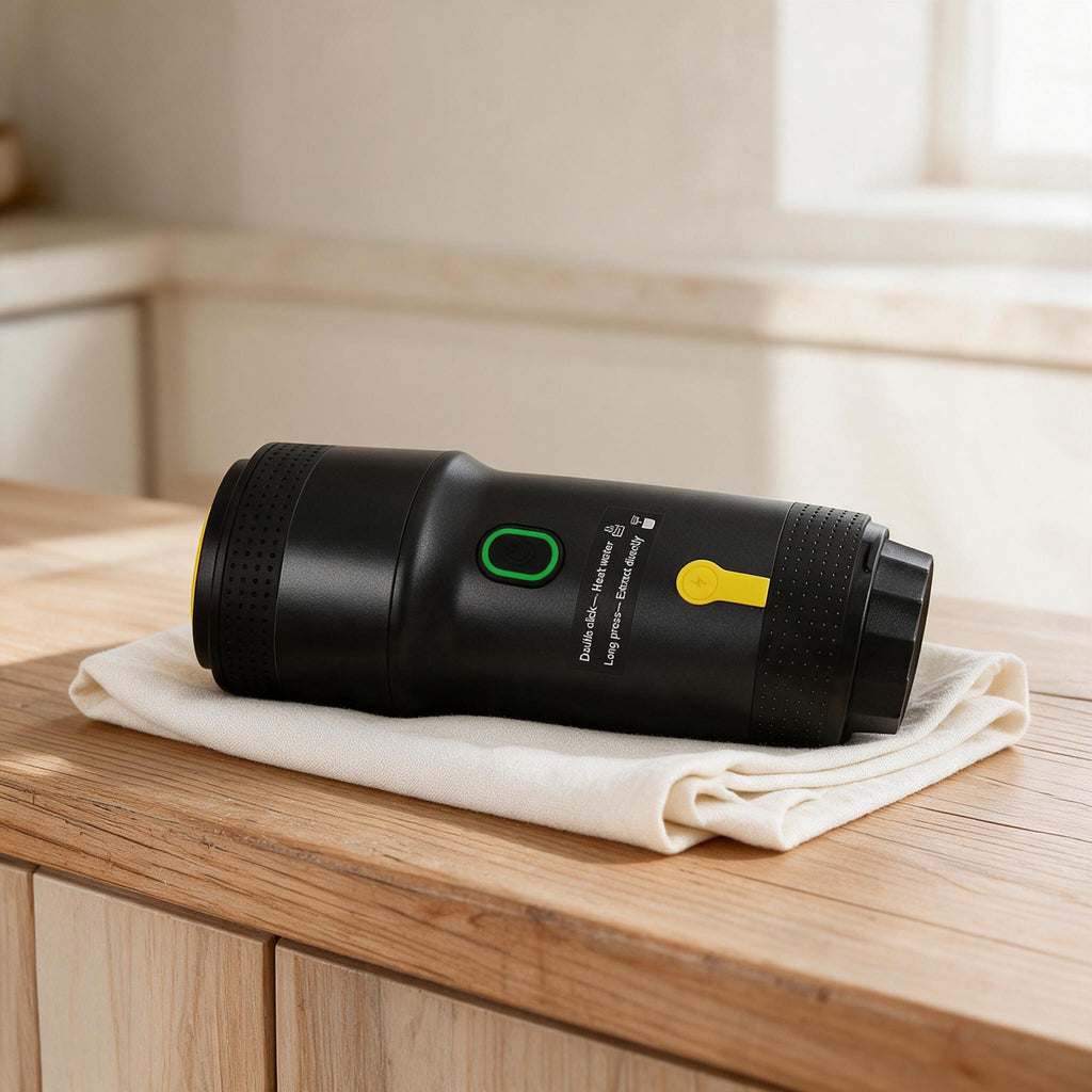 Rechargeable Portable Espresso Maker — Black — in a warm neutral home setting; styling accessories not included