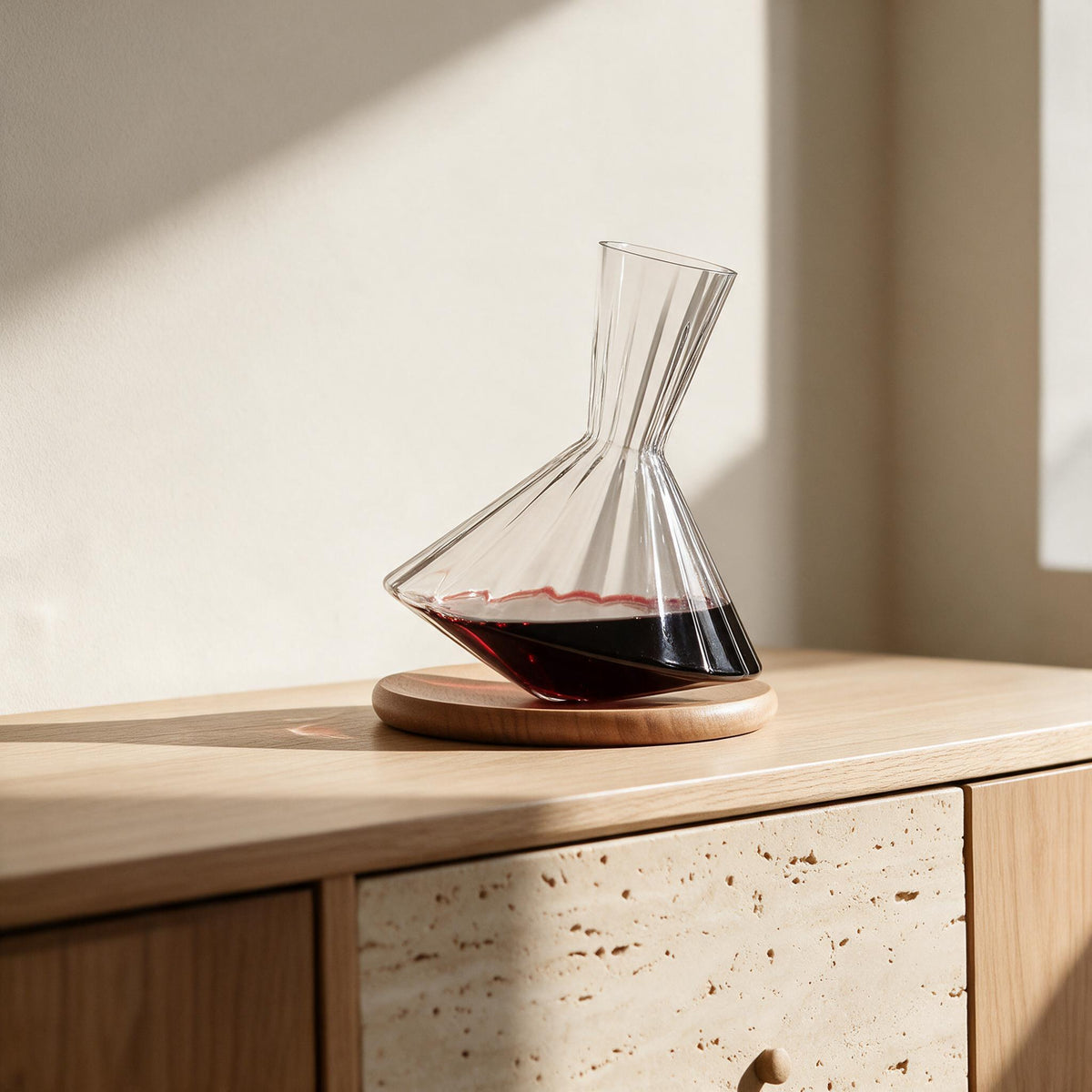 Ribbed Glass Balance Decanter — 1L — in a calm home setting