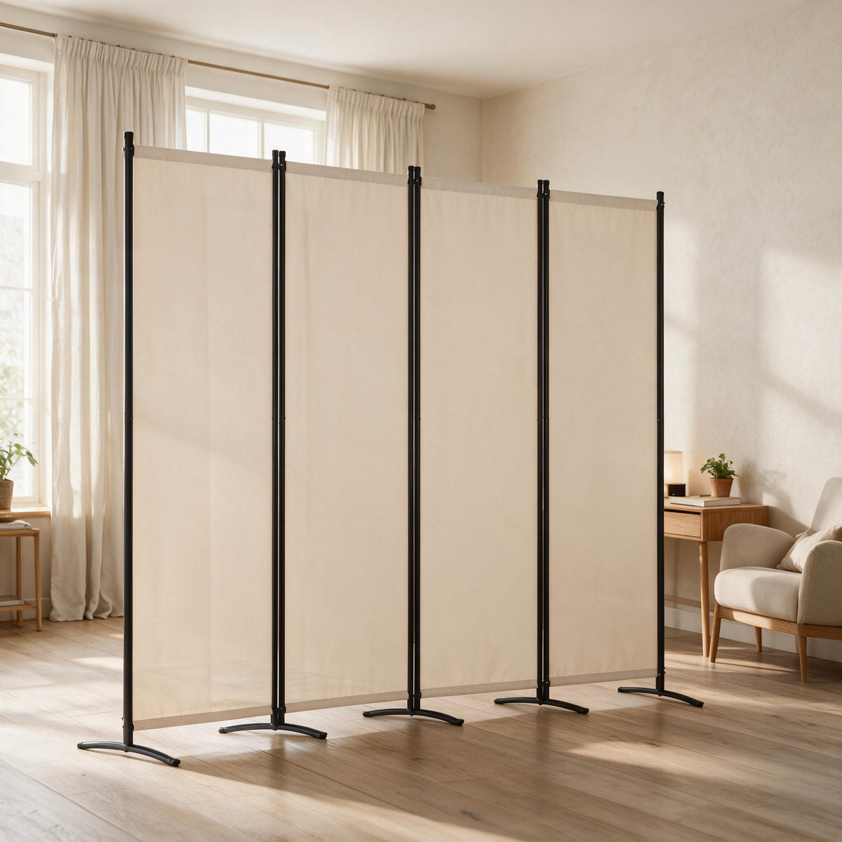 Folding Room Divider - Beige, 4 Panels — styled in a warm neutral indoor setting.