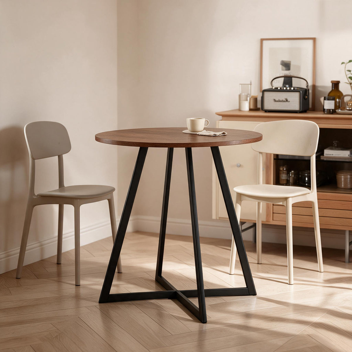 Round Dining Table — Brown, 31.5-Inch — in a warm neutral home setting; styling accessories not included
