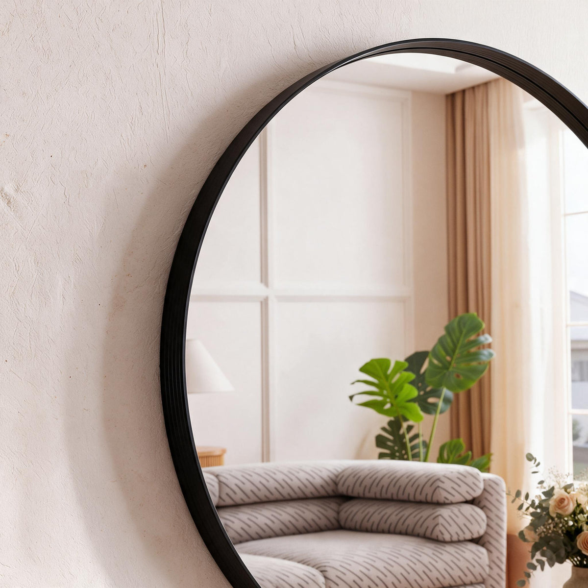 Round Metal Wall Mirror — Black, 28-Inch — material and construction detail